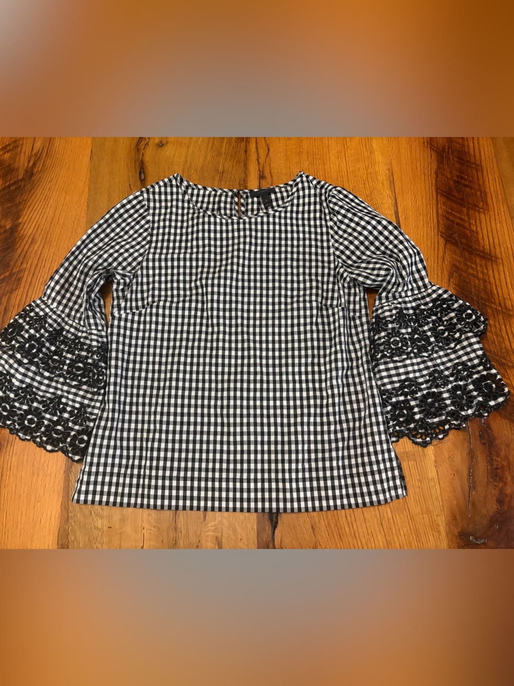 J.Crew Black and White Gingham Tiered Bell-Sleeve Top, Size 4